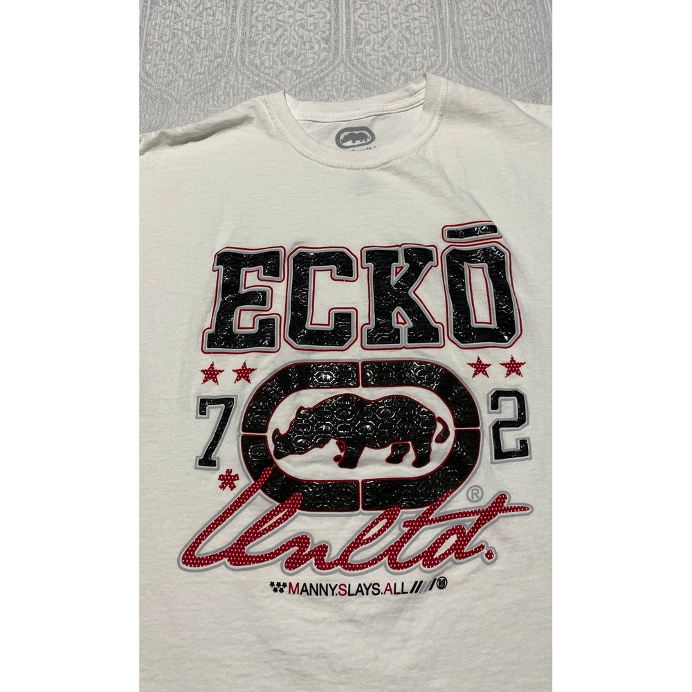 Ecko Unltd Mens XL White Graphic T-Shirt Rhino Manny Slays All Y2K Streetwear - Picture 2 of 5